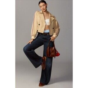 Anthropologie Maeve Cropped Trench Coat Khaki Double Breasted Preppy Large NWT